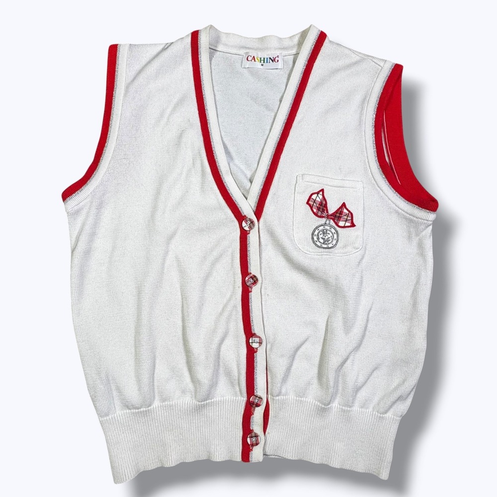 Vintage Novelty Knit Vest Bow Detail Contrast Trim Retro Cute Japan Market M